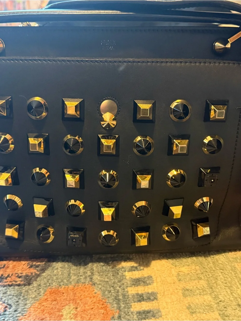 Auth Fendi Dotcom Black Leather Studded Top-Handle Bag